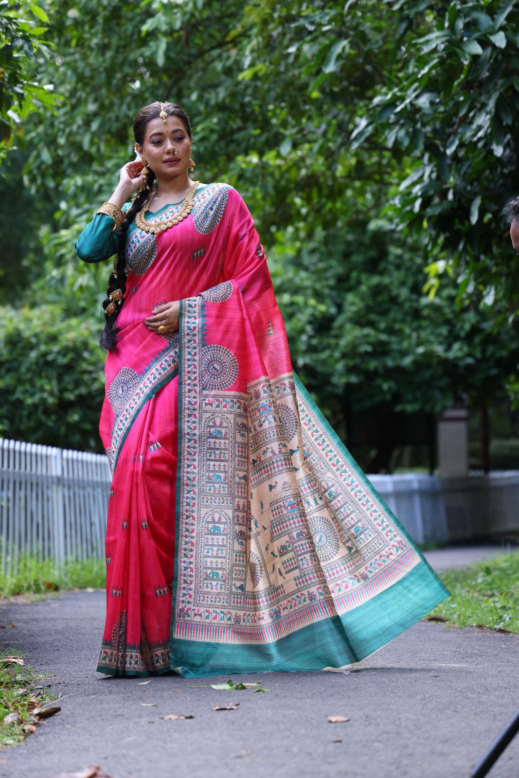 Rani Pink Madhubani Printed Soft Tussar Silk Saree | Traditional Festive Ethnic Wear – JaipurSaaj