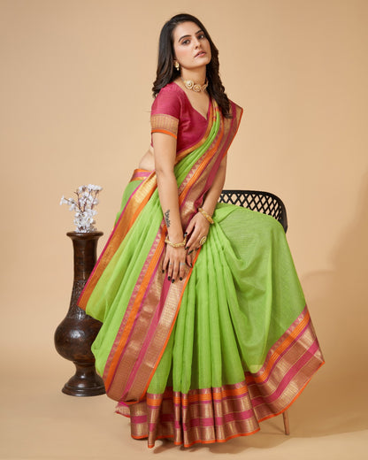 Parrot Green Color Kota Doriya Saree With Zari Weaving Work