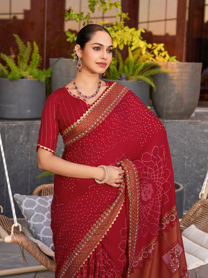 Red Soft Cotton Saree With Unique Table Printed & Lace Border | Stylish Wedding Wear Saree – JaipurSaaj