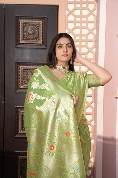 Pista Green Banarasi Cotton Silk Saree With Zari Woven Work