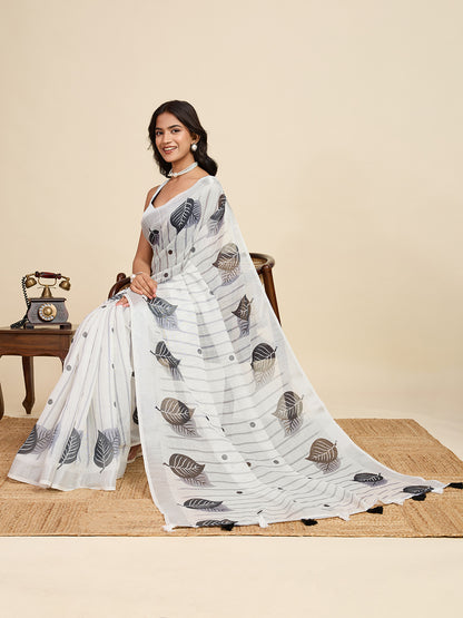 White Linen Cotton Saree With Digital Printed Work And Silver Zari Border