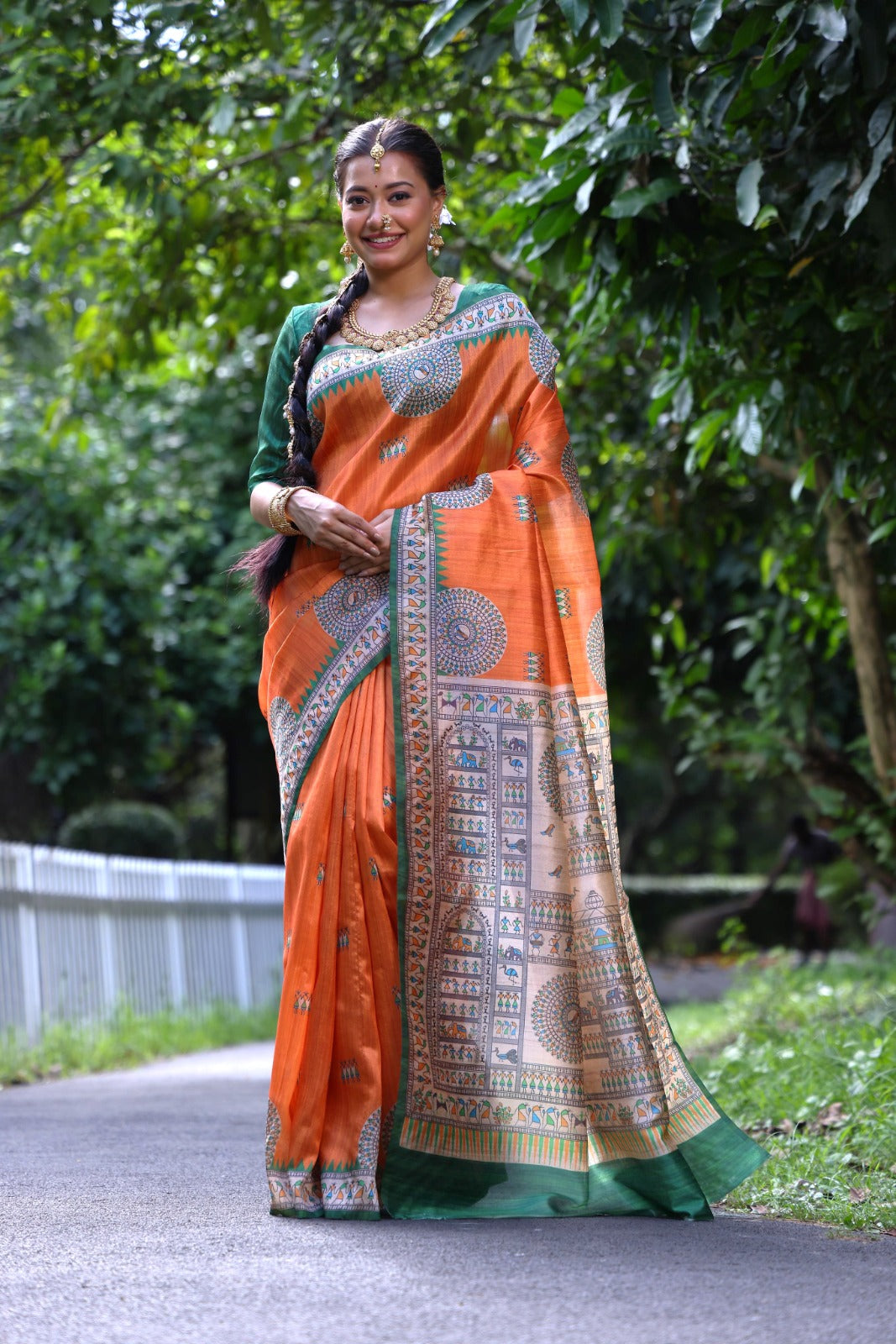 Orange Madhubani Printed Soft Tussar Silk Saree | Traditional Festive Ethnic Wear – JaipurSaaj