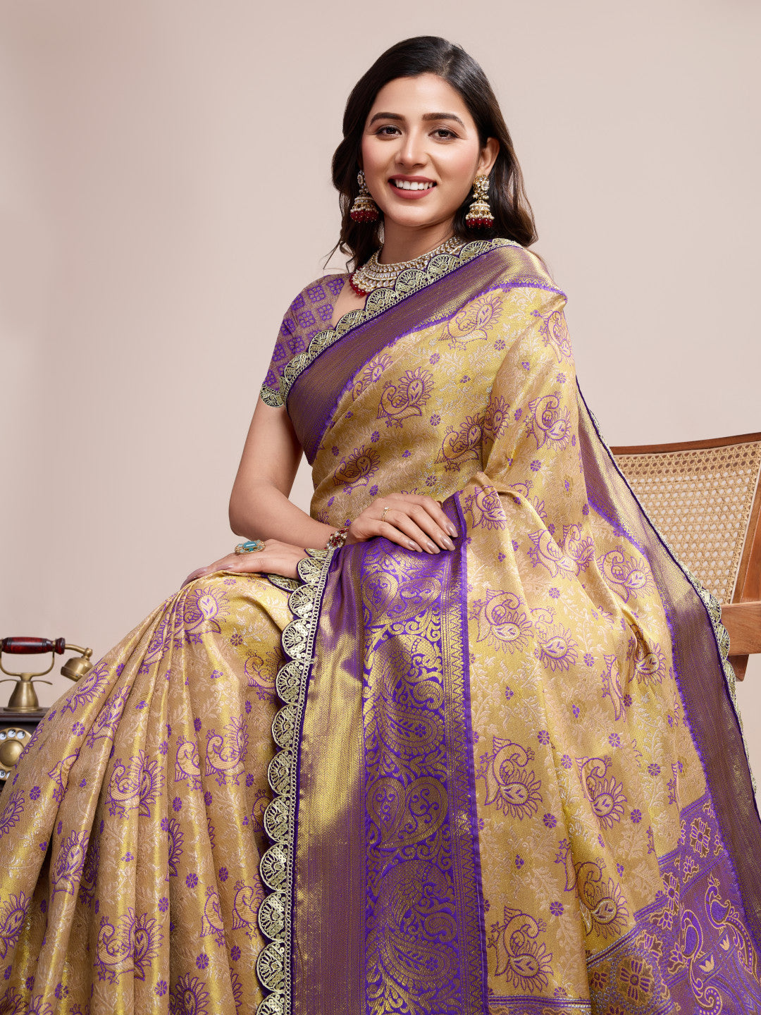 Beige Kanjivaram Silk Saree With Zari Weaving Work | Bridal Wedding Wear – JaipurSaaj