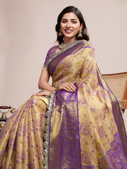 Beige Kanjivaram Silk Saree With Zari Weaving Work | Bridal Wedding Wear – JaipurSaaj