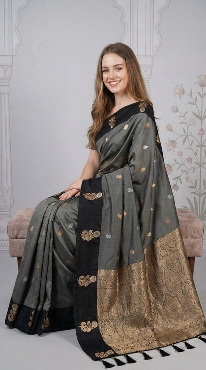 Gray Premium Banarasi Soft Silk Saree With Zari Weaving Work | Wedding & Festive Wear – JaipurSaaj