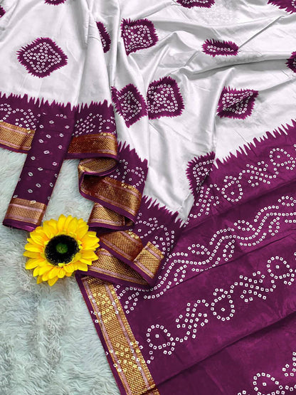 Purple Mulmul Cotton Saree With Bandhani Block Print & Zari Border | Ethnic Festive Wear – JaipurSaaj