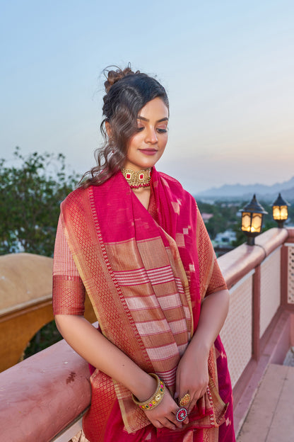Rani Pink Kota Doriya Saree With Zari Weaving Work | Party & Festive Wear – JaipurSaaj