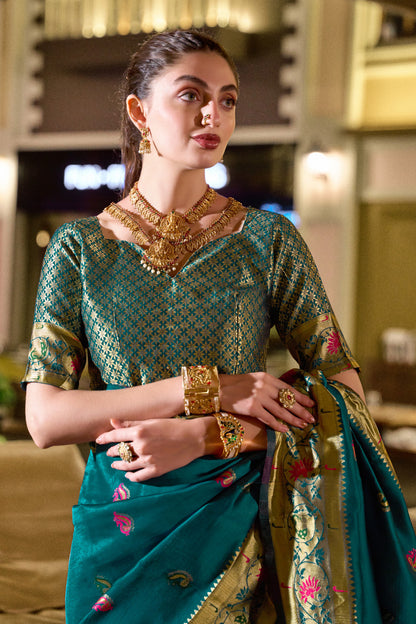 Traditional Morpich Paithani Silk Saree With Zari Weaving Work