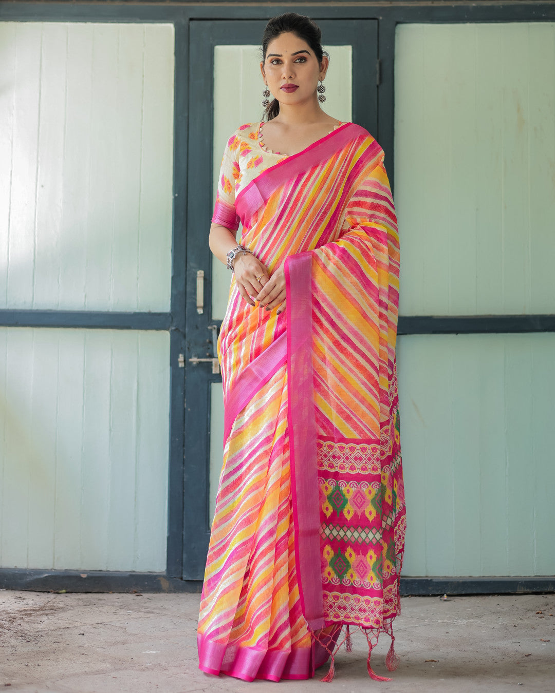 Yellow And Pink Soft Linen Cotton Saree With Digital Printed Work
