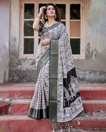 Black Digital Printed Tussar Silk Saree With Zari Motif Border | Traditional Festive Ethnic Wear – JaipurSaaj