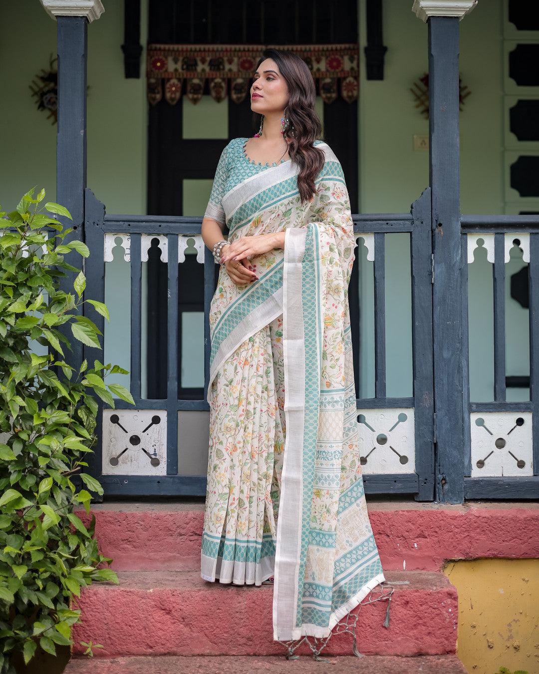 Off White Summer Special Digital Printed Linen Cotton Saree