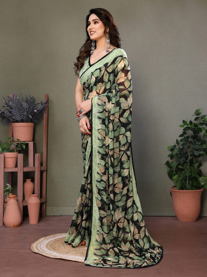 Green Soft Chiffon Saree With Printed Work And Lace Border