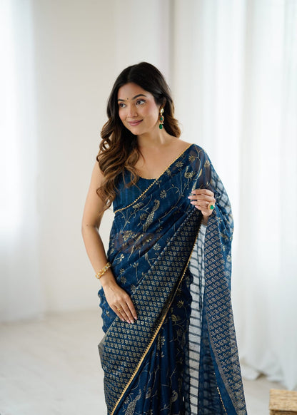 Navy Blue Color Georgette Saree With Digital Printed Work And Lace Border
