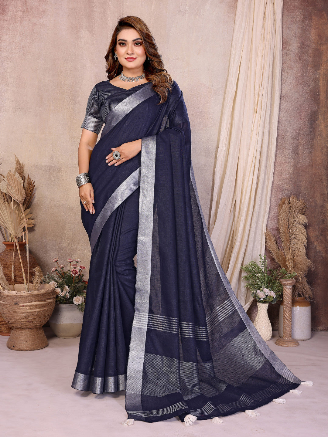 Navy Blue Linen Cotton Saree With Silver Zari Border | Office & Festive Wear – JaipurSaaj