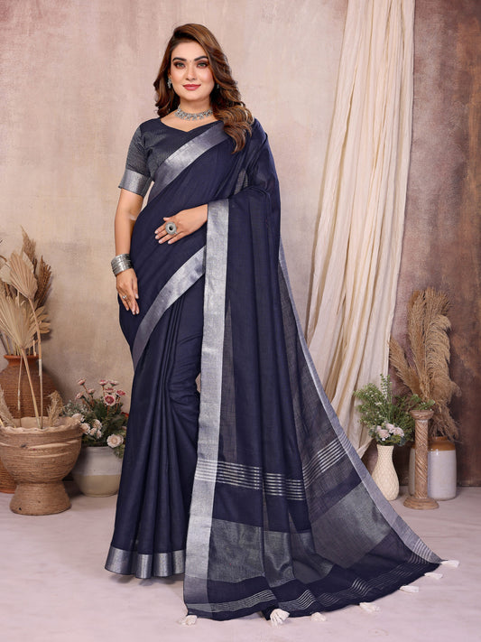 Navy Blue Linen Cotton Saree With Silver Zari Border