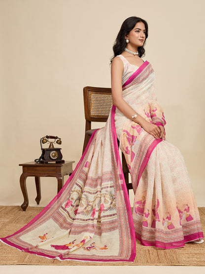 Off White Linen Cotton Saree With Digital Printed Work And Silver Zari Border | Lightweight Festive & Party Wear – JaipurSaaj