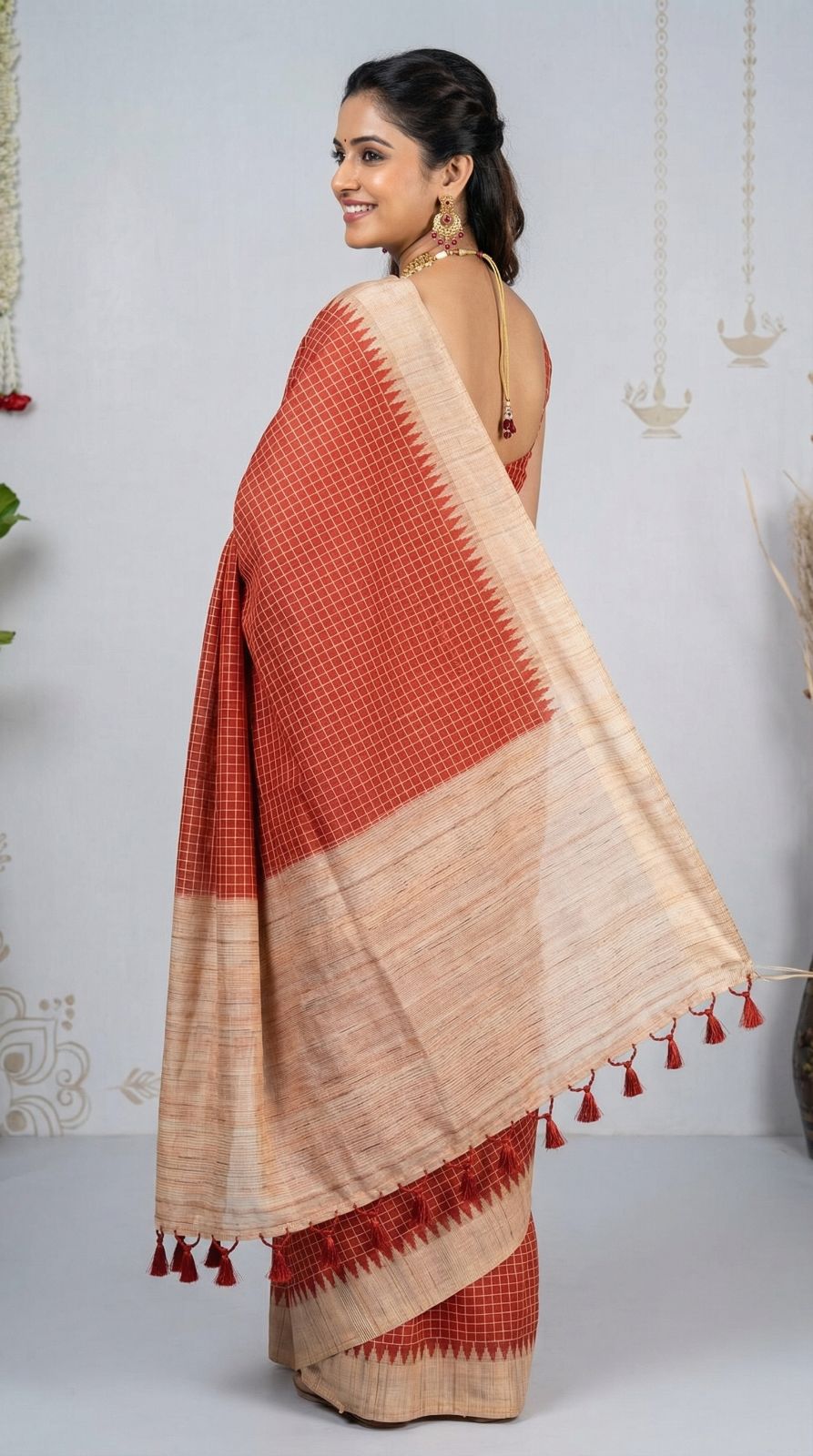 Red Tussar Silk Saree With Checks Weaving Work | Office & Festive Wear – JaipurSaaj