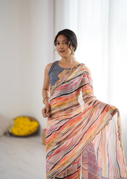 Multi Georgette Saree With Printed And Mirror Work With Arco Border