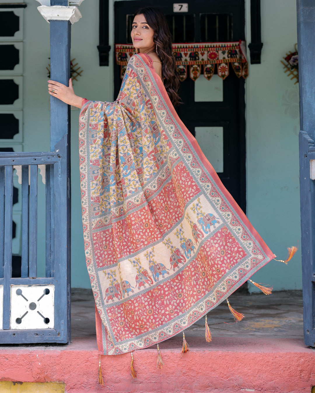 Multi Color Kalamkari Digital Printed Linen Cotton Saree | Summer Casual & Ethnic Wear – JaipurSaaj