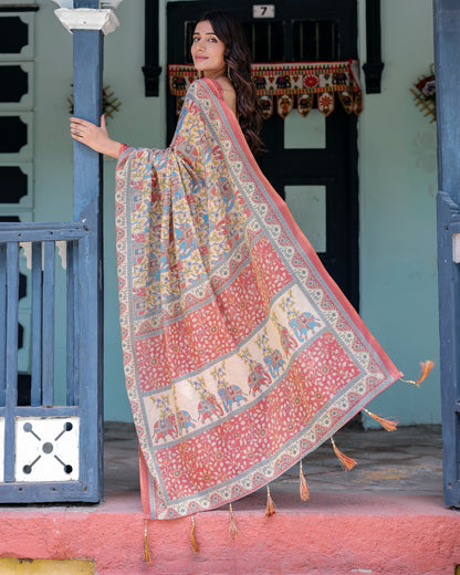 Multi Color Kalamkari Digital Printed Linen Cotton Saree | Summer Casual & Ethnic Wear – JaipurSaaj