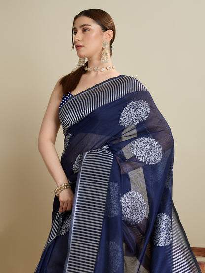 Navy Blue Color Soft Silk Saree With Weaving Work Lining Border