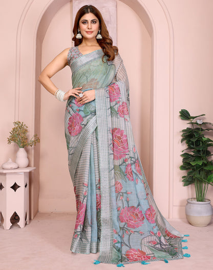 Multi Linen Cotton Saree With Digital Printed Work And Silver Zari Border