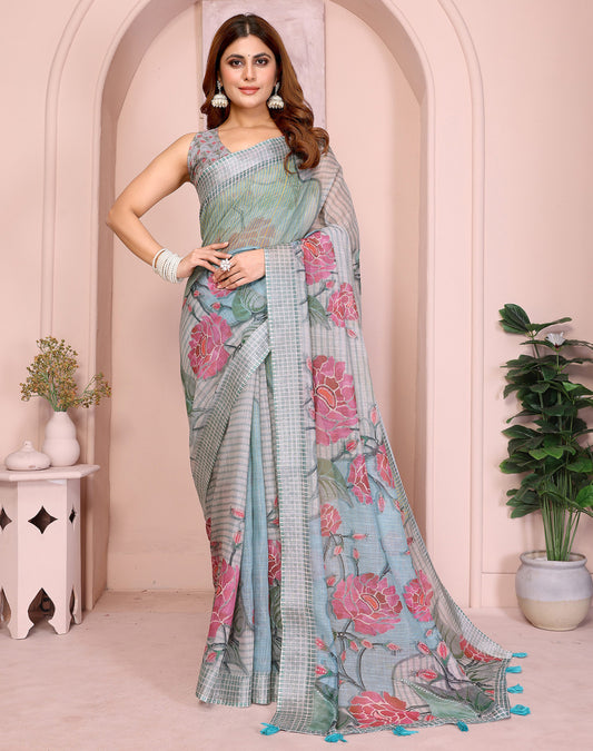 Multi Linen Cotton Saree With Digital Printed Work And Silver Zari Border