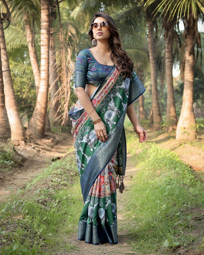 Multi Color Kalamkari Digital Printed Tussar Silk Saree | Designer Festive Ethnic Wear – JaipurSaaj