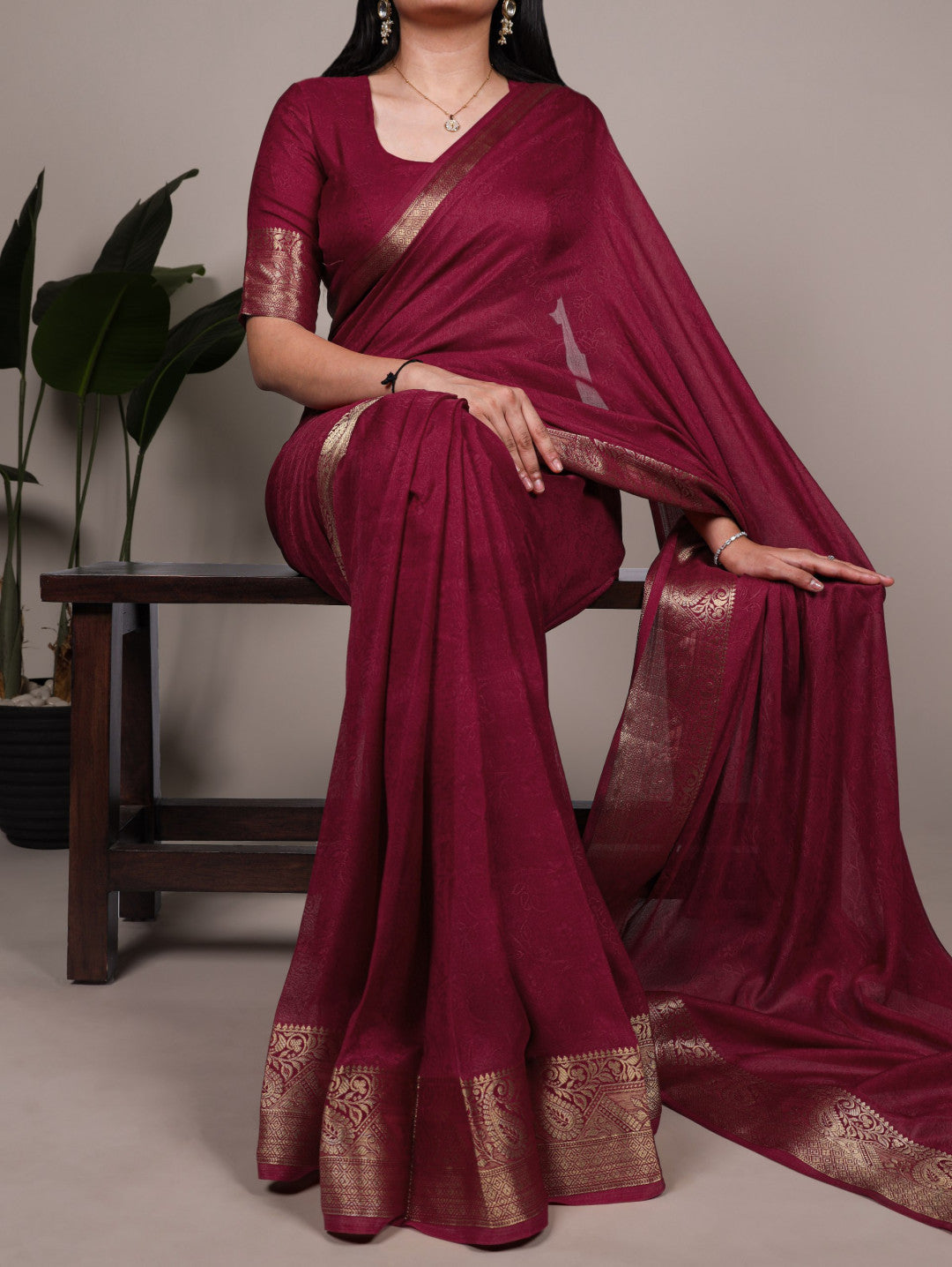 Maroon Moss Mello Silk Saree with Printed Work & Zari Weaving Border | Casual & Office Wear – JaipurSaaj