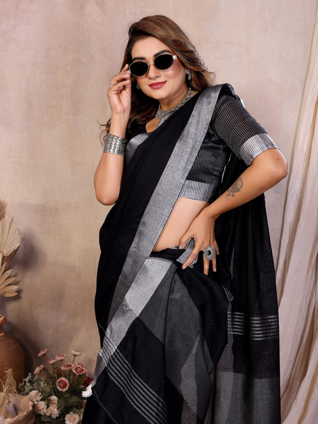 Black Linen Cotton Saree With Silver Zari Border
