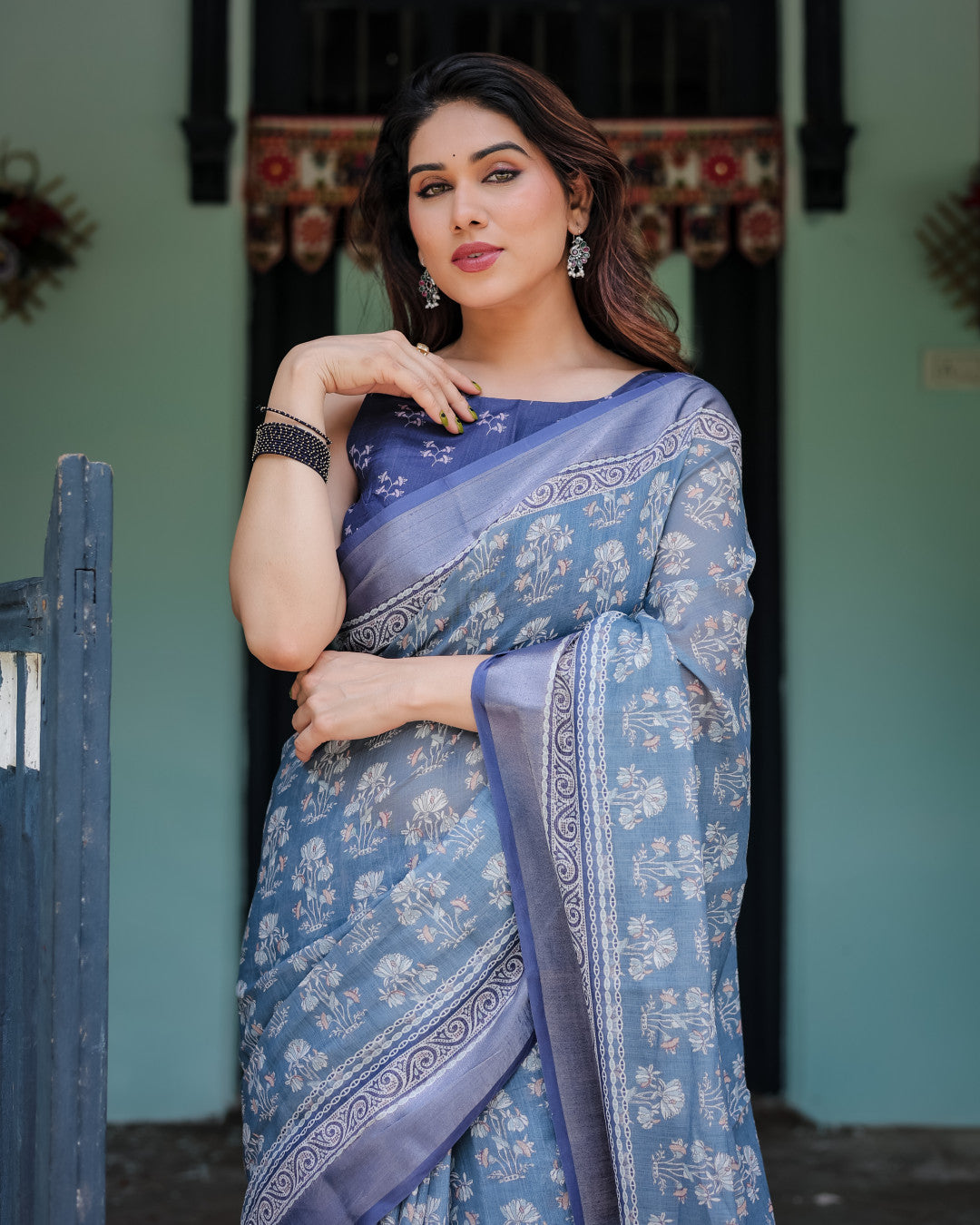 Light Blue Summer Special Digital Printed Linen Cotton Saree