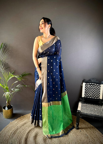 Navy Blue Soft Cotton Silk Saree With Zari Woven Work | Wedding & Party Wear – JaipurSaaj