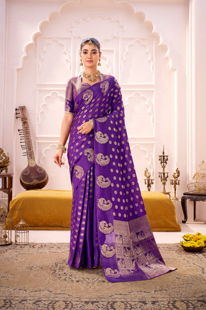Purple Soft Roop Silk Saree With Printed Work & Zari Weaving Border | Traditional Festive Wear – JaipurSaaj