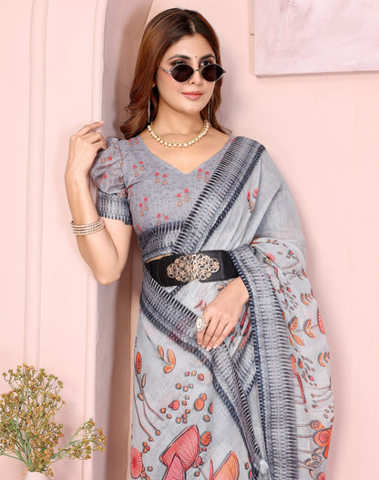 Multi Linen Cotton Saree With Digital Printed Work And Silver Zari Border