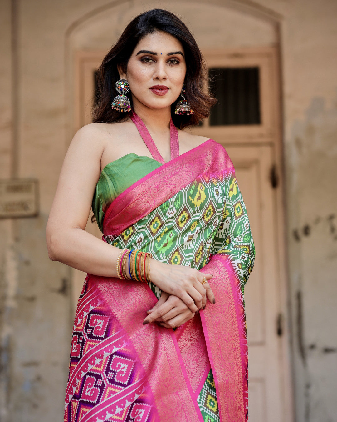 Green Digital Printed Tussar Silk Saree With Zari Motif Border | Designer Festive Ethnic Wear – JaipurSaaj
