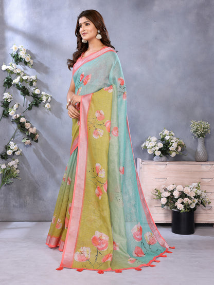 Multi Linen Cotton Saree With Digital Printed Work And Silver Zari Border