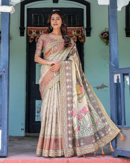 Multi Color Kalamkari Digital Printed Linen Cotton Saree | Summer Casual & Ethnic Wear – JaipurSaaj