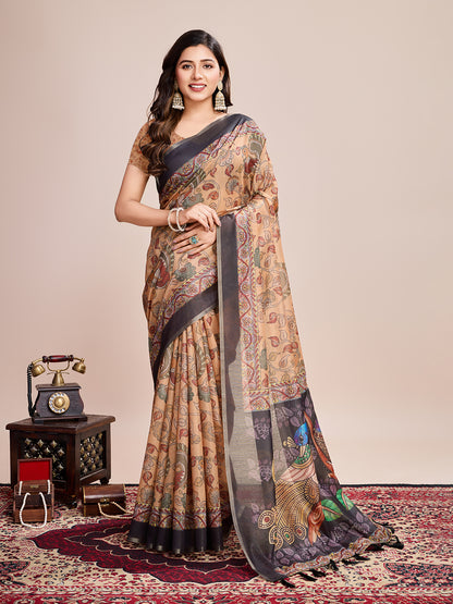 Multi Soft Linen Cotton Saree With Floral Printed Work