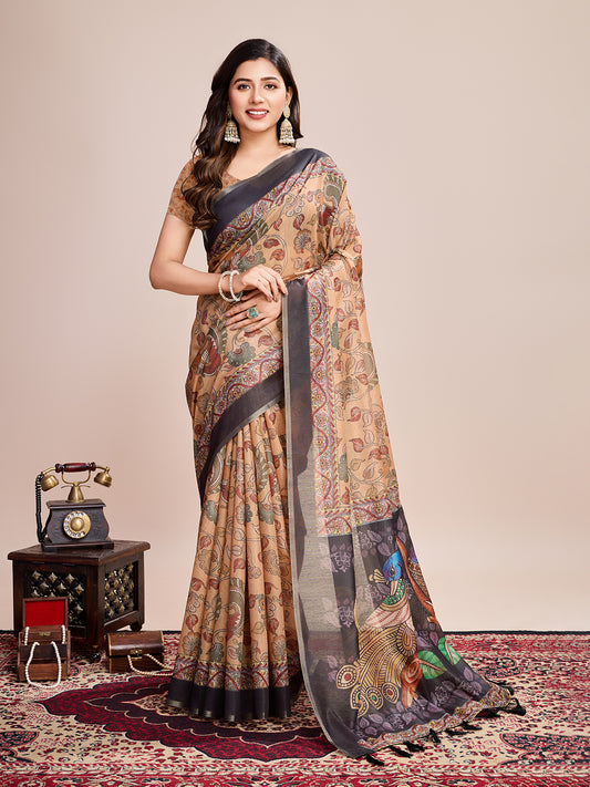 Multi Soft Linen Cotton Saree With Floral Printed Work
