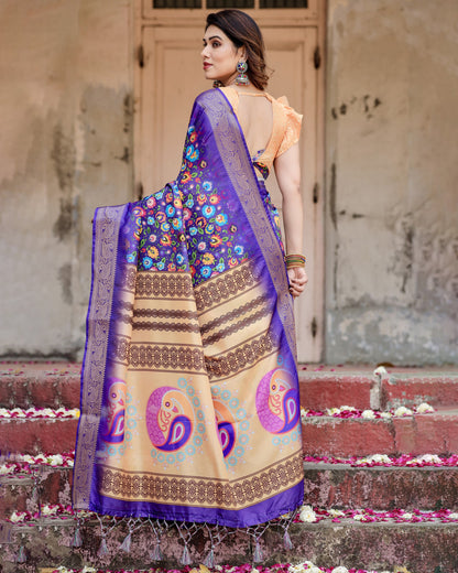 Multi Kalamakari Floral Printed Tussar Silk Saree With Zari Motif Border | Festive Ethnic Wear – JaipurSaaj