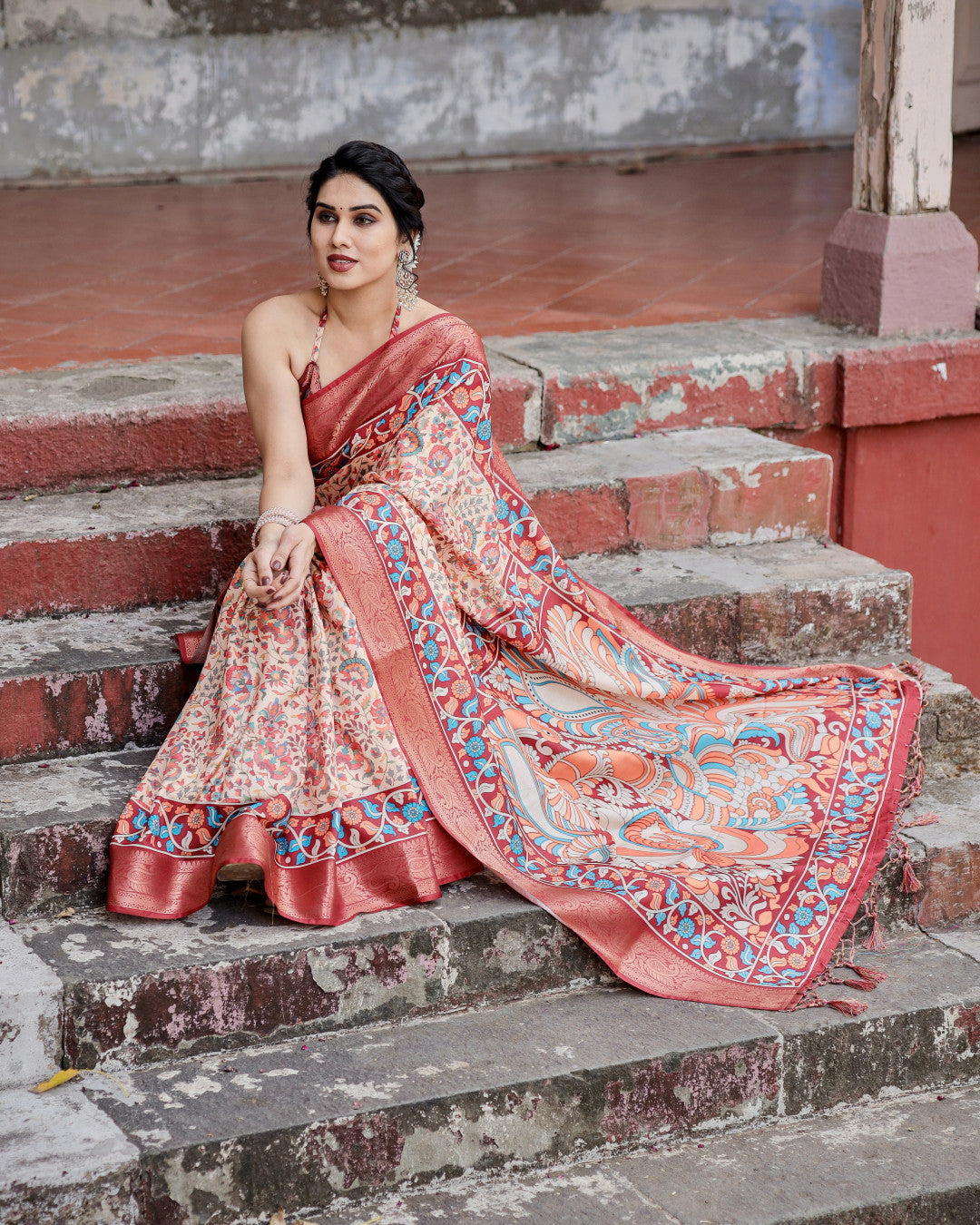Multi Kalamakari Floral Printed Tussar Silk Saree With Zari Motif Border | Festive Ethnic Wear – JaipurSaaj