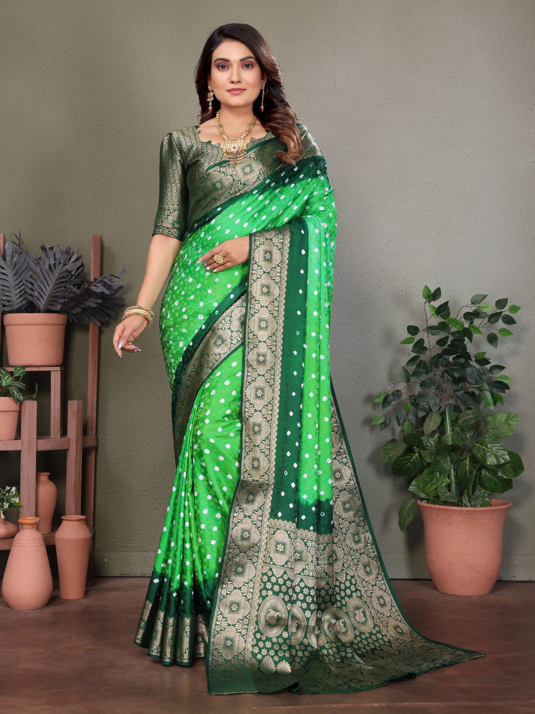 Parrot Green & Green Bandhej Silk Saree With Zari Weaving Work | Festive Wedding Wear – JaipurSaaj