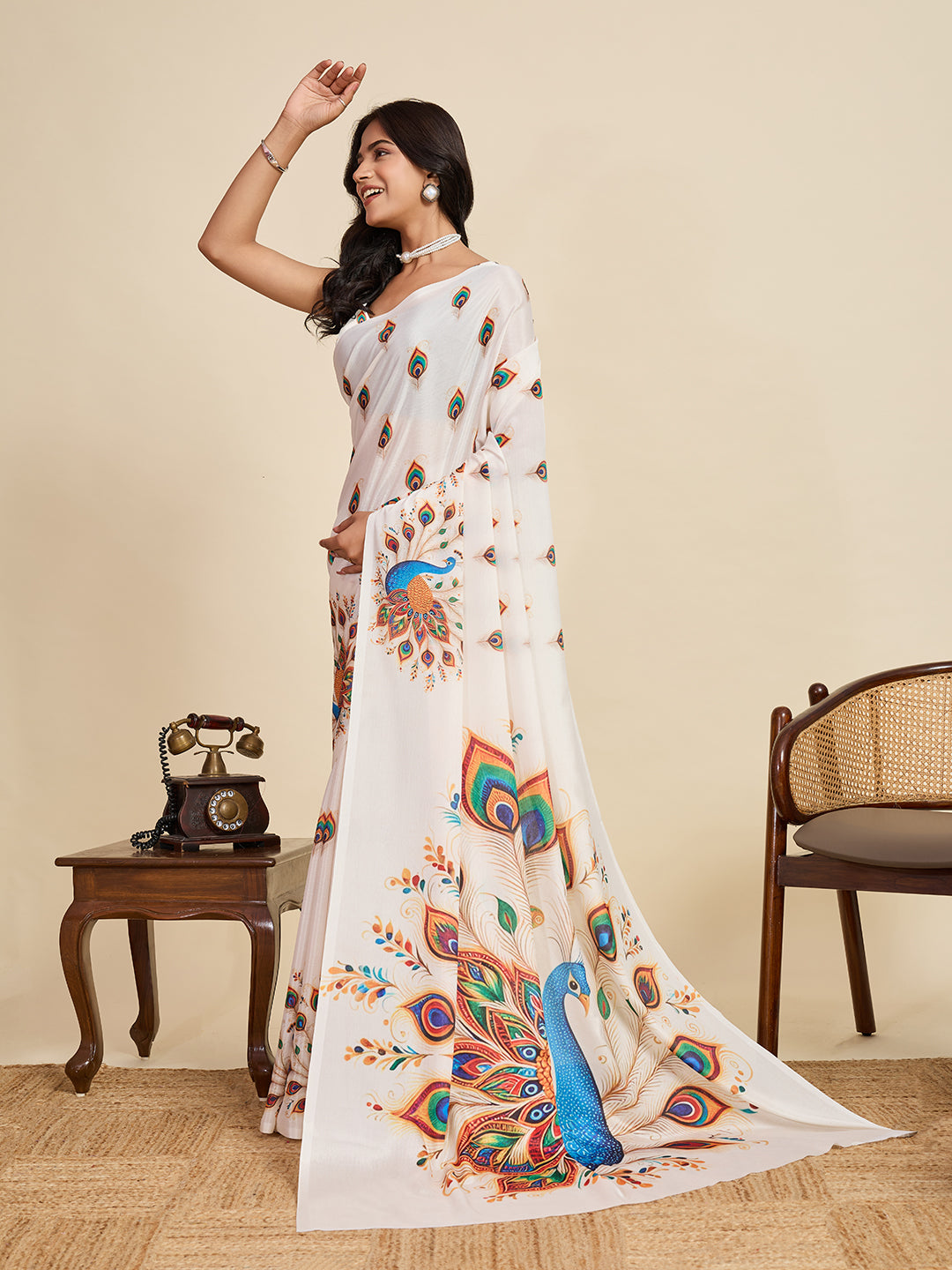 White Soft Chinnon Silk Saree With Digital Printed Work