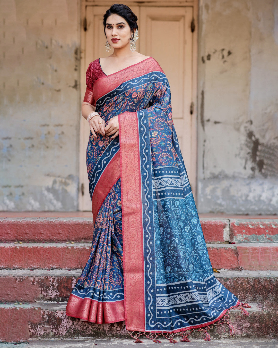Navy Blue Tussar Silk Saree With Digital Kalamkari Print & Zari Motif Border | Casual & Festive Wear – JaipurSaaj