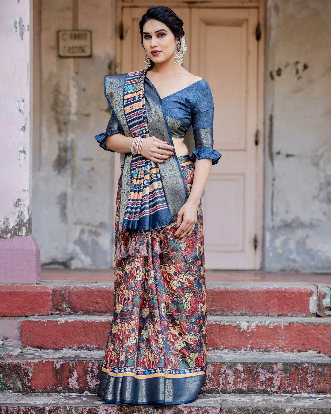 Mult Color Tussar Silk Saree With Digital Kalamkari Print & Zari Motif Border | Casual & Festive Wear – JaipurSaaj