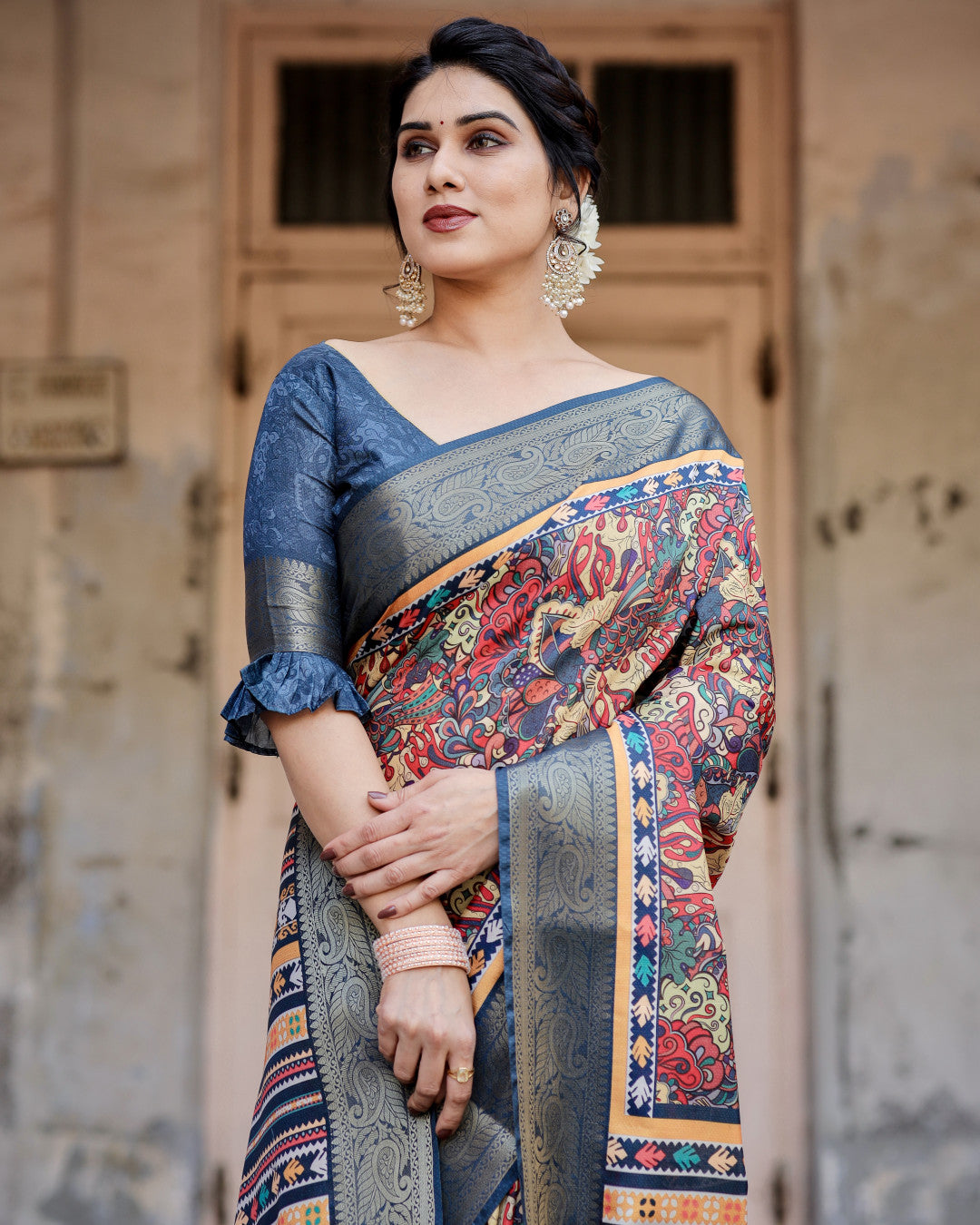 Mult Color Tussar Silk Saree With Digital Kalamkari Print & Zari Motif Border | Casual & Festive Wear – JaipurSaaj
