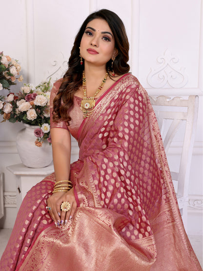 Dusty Pink Organza Silk Banarasi Saree With Zari Weaving  Work | Bridal Wedding & Festive Wear – JaipurSaaj