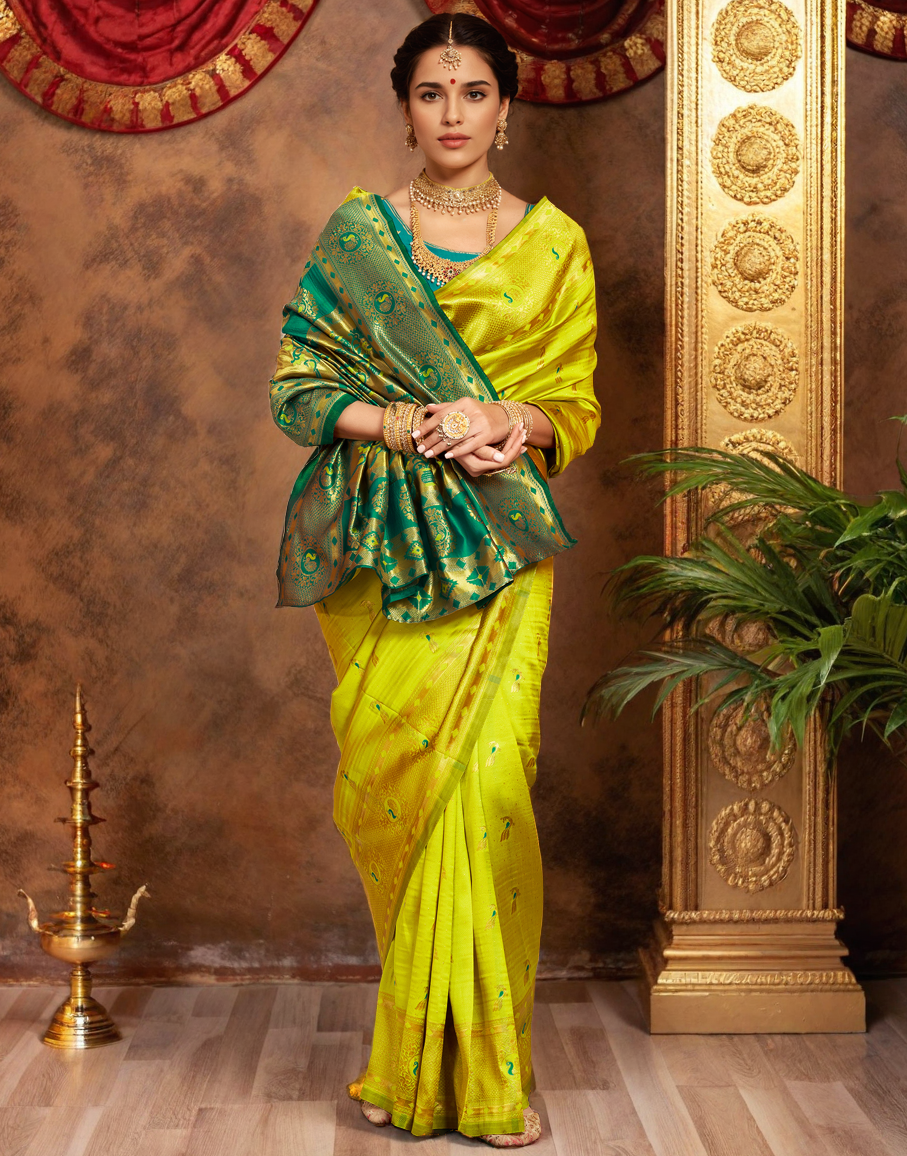 Traditional Parrot Green Paithani Silk Saree With Zari Weaving Work