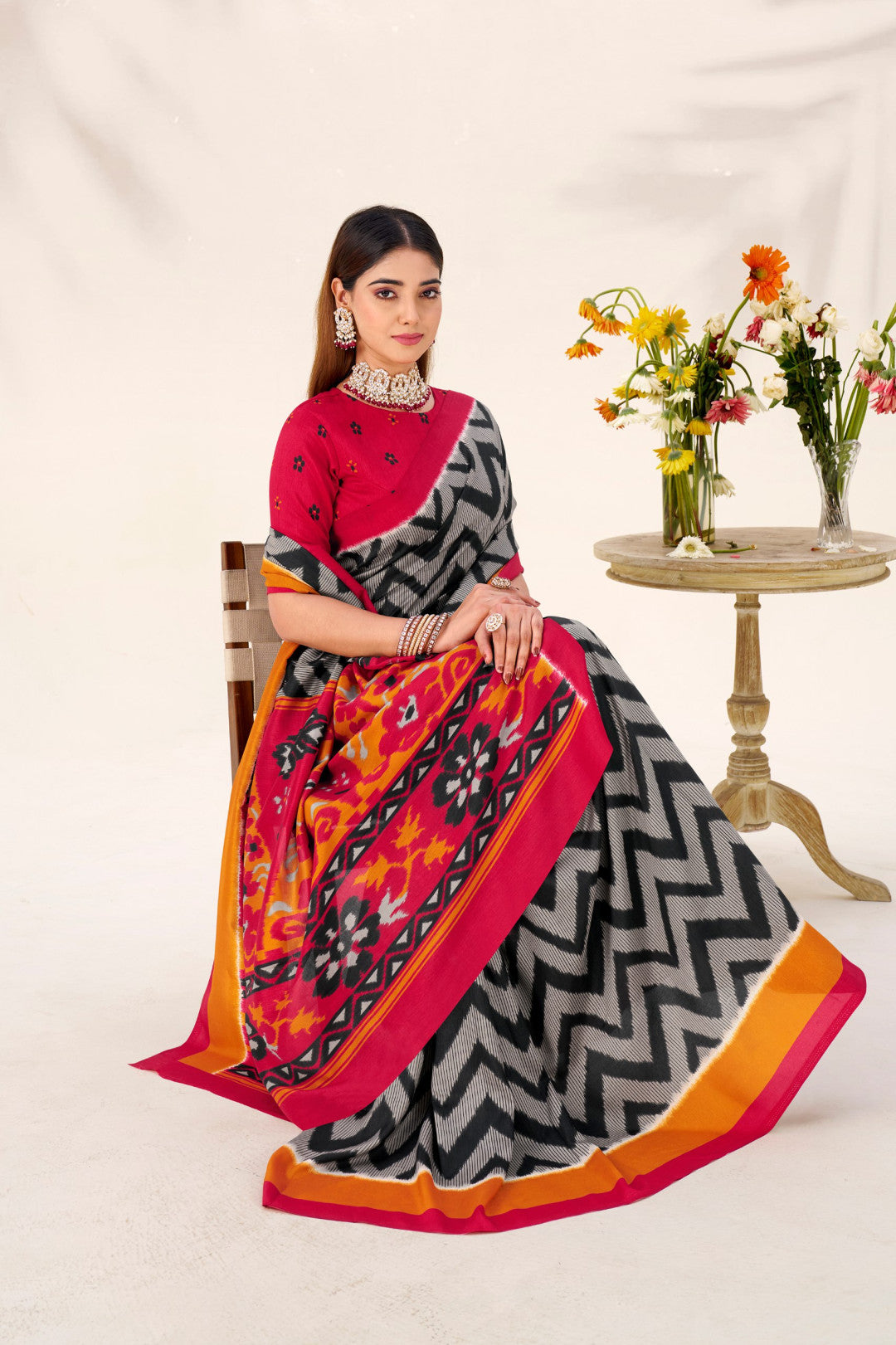 Multi Color Soft Tussar Silk Saree With Printed Work & Lace Border | Festive Ethnic Wear – JaipurSaaj