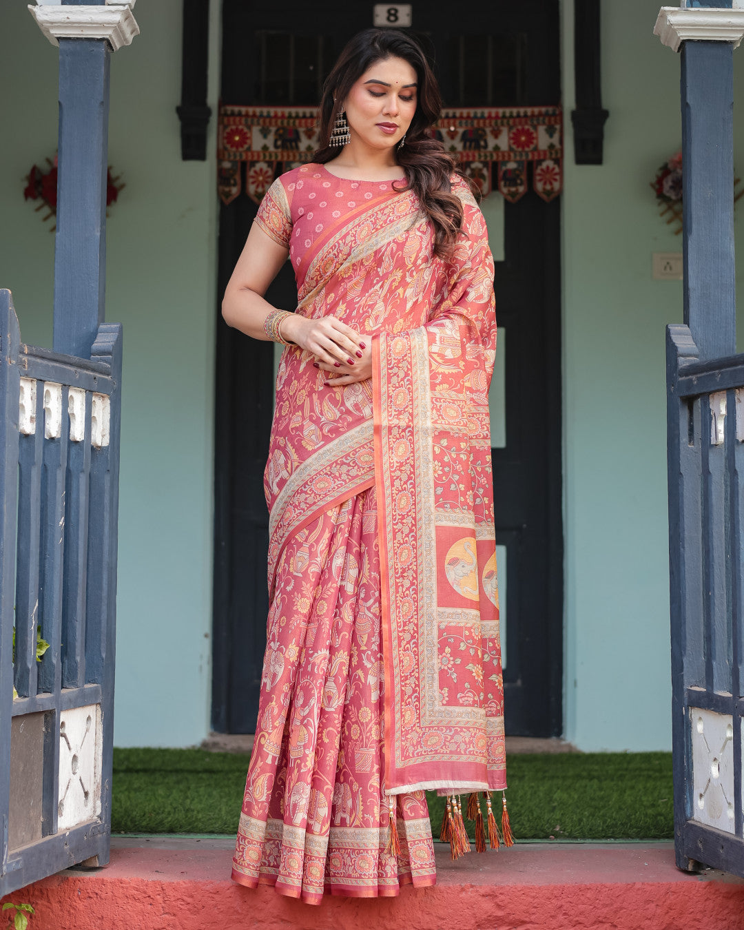 Pink Kalamkari Printed Linen Cotton Saree | Summer Casual & Ethnic Wear – JaipurSaaj